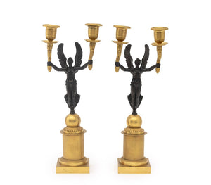 Empire Style Patinated and Gilt Metal Candelabra, Pair