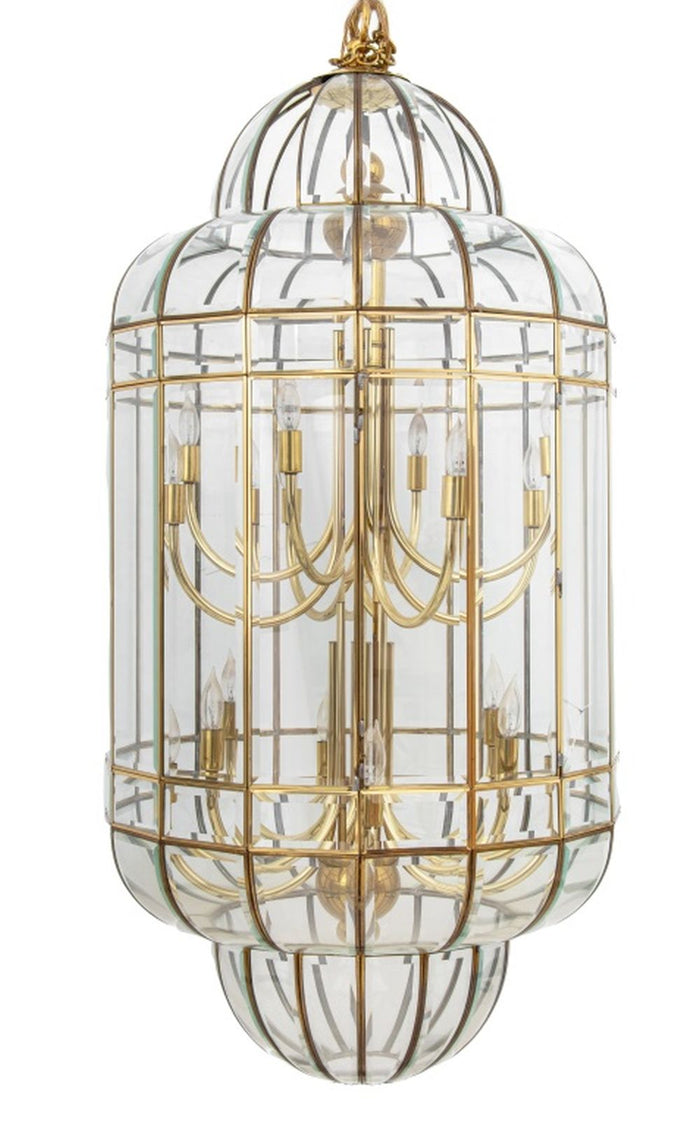 Gilt Brass and Glass Cage Two-Tier Chandelier
