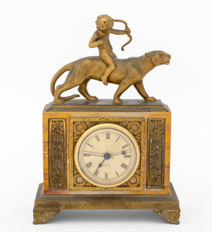 French Empire Style Cupid Riding Panther Gilt Metal and Marble Mantel Clock