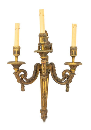 Neoclassical 3-Branch Gilt Bronze Sconces, Pair (9832677572915)