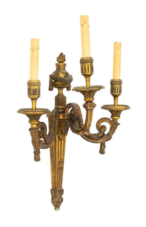 Neoclassical 3-Branch Gilt Bronze Sconces, Pair (9832677572915)