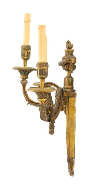 Neoclassical 3-Branch Gilt Bronze Sconces, Pair (9832677572915)