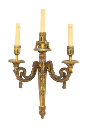 Neoclassical 3-Branch Gilt Bronze Sconces, Pair (9832677572915)