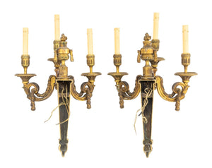 Neoclassical 3-Branch Gilt Bronze Sconces, Pair (9832677572915)