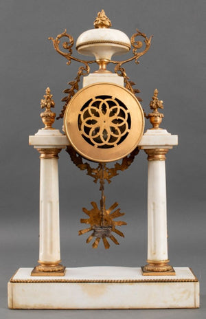 French Alabaster and Brass Portico Mantel Clock (8867988963635)