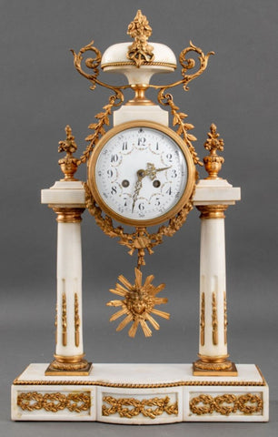 French Alabaster and Brass Portico Mantel Clock