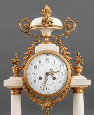 French Alabaster and Brass Portico Mantel Clock (8867988963635)