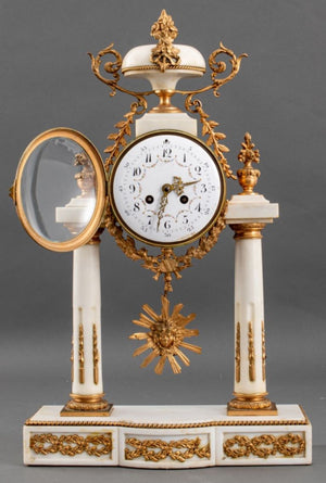 French Alabaster and Brass Portico Mantel Clock (8867988963635)