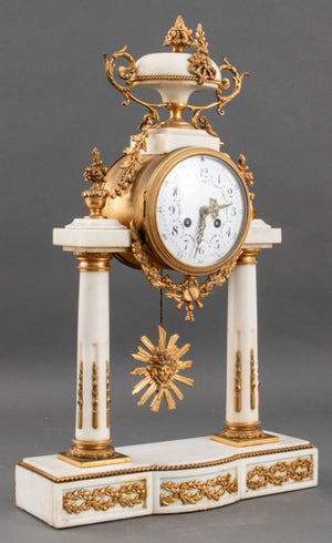 French Alabaster and Brass Portico Mantel Clock (8867988963635)