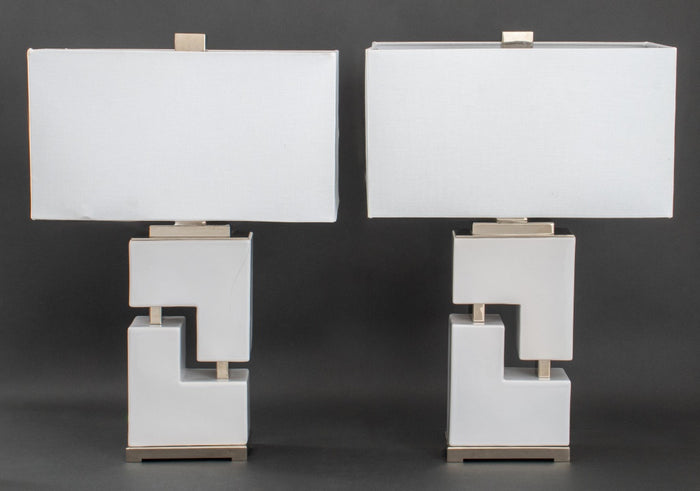 White Geometric Table Lamps, Pair