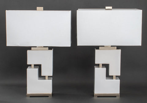 White Geometric Table Lamps, Pair