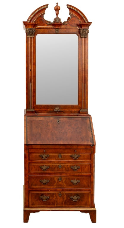 George II Style Burr Walnut Bureau Cabinet