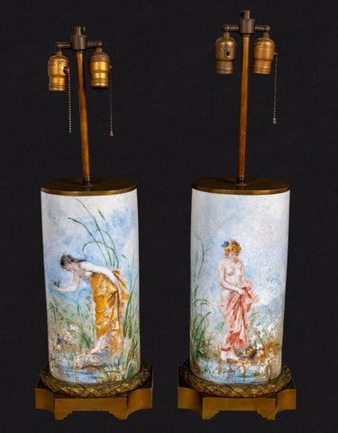 Prevost French Cylindrical Porcelain Lamps, Pair