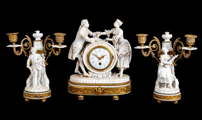 Louis XVI Style Gilt Bronze and Sevres Clock Set