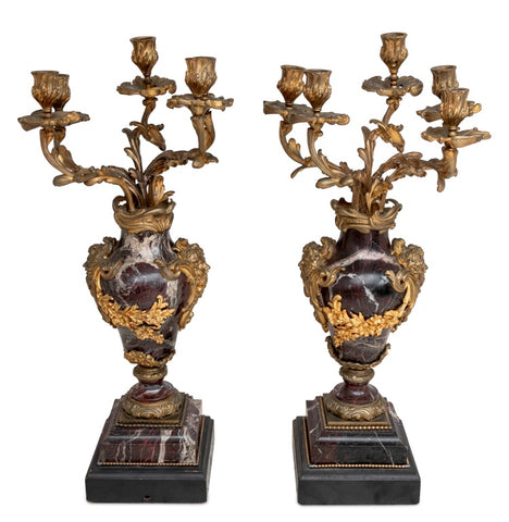 Pair of Louis XV Style Ormolu Mounted Marble Candelabras
