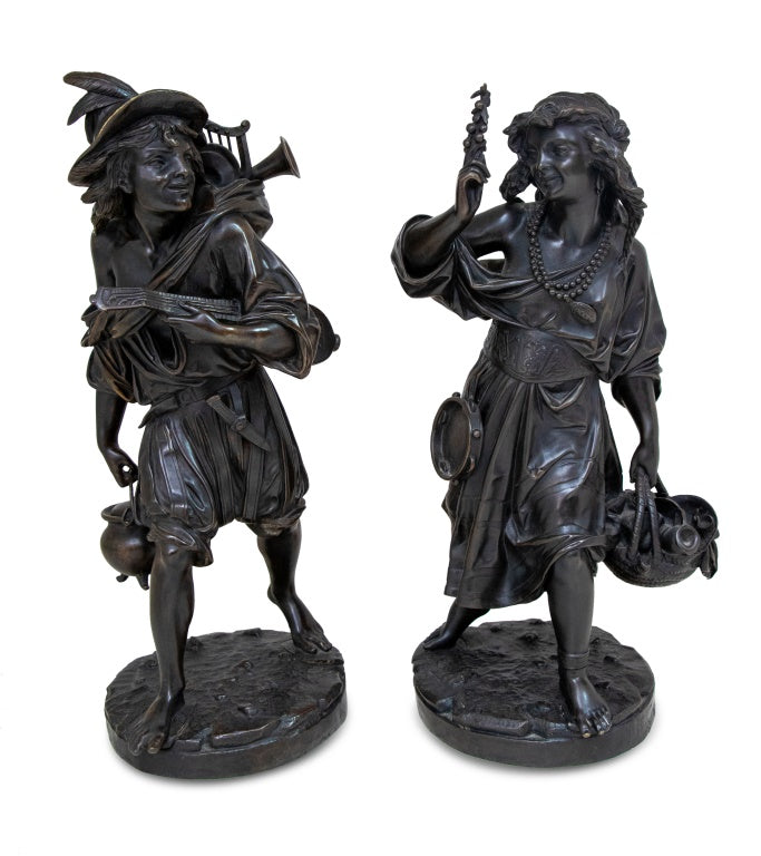 Auguste Carrier "Musicians" Patinated Bronze, Pair