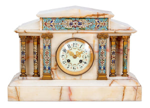 French Alabaster and Champleve Enamel Mantel Clock