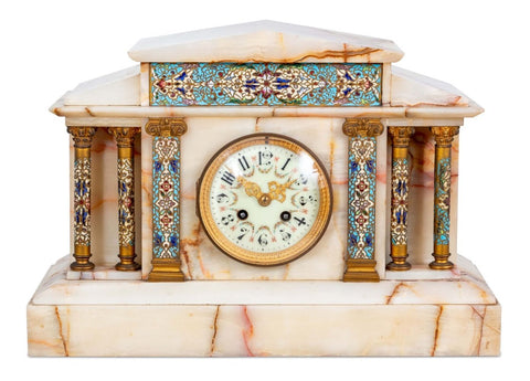 French Alabaster and Champleve Enamel Mantel Clock