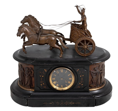 French Patinated Bronze and Slate Chariot Clock