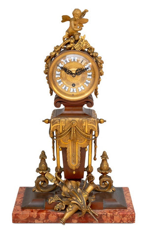 French Patinated Bronze and Marble Mantel Clock