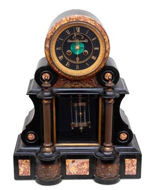 French Patinated Marble and Slate Mantel Clock