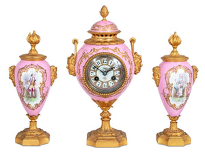 Louis XVI Style Gilt Bronze Sevres Clock Set, 3