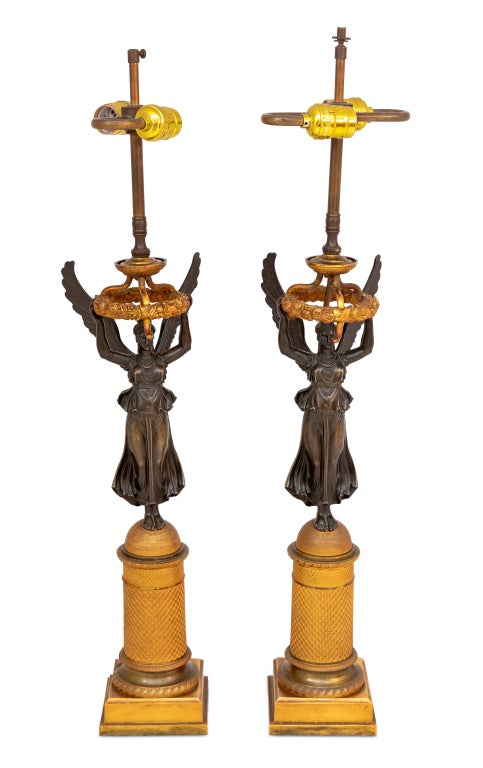 French Empire "Winged Victory" Bronze Lamps, Pair