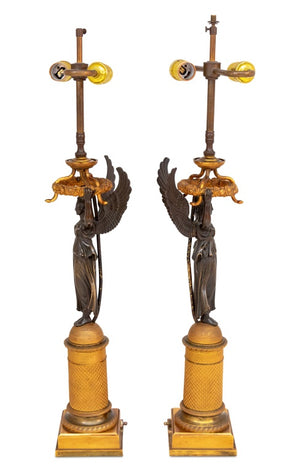 French Empire "Winged Victory" Bronze Lamps, Pair (9701509792051)