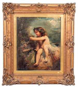 Illegibly Signed Cherub Drinking Oil on Canvas (9648866525491)