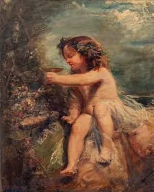 Illegibly Signed Cherub Drinking Oil on Canvas (9648866525491)