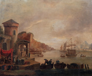 Italian School Harbor Scene Oil on Canvas (9651250790707)