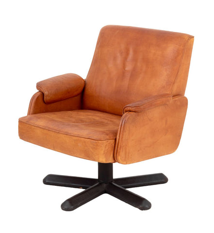 Modern Tan Leather Swivel Armchair
