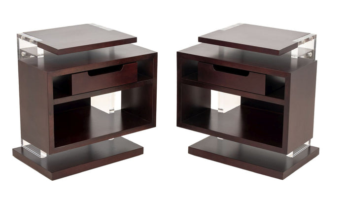 Modern Mahogany and Acrylic End Tables, Pair