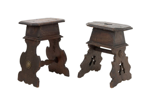 Renaissance Revival Walnut Stools, Pair