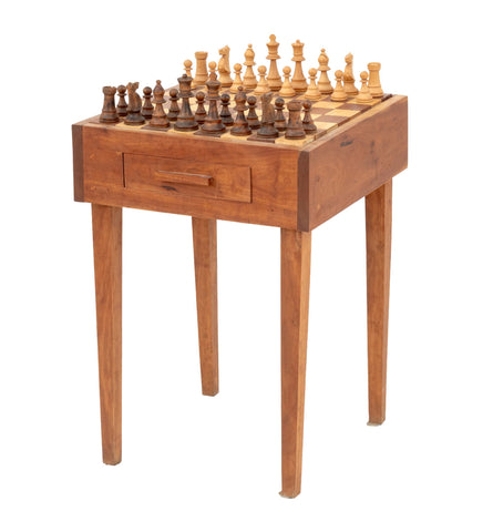 Contemporary Carved Wood Chess Table and Chessmen