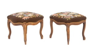 Victorian Floral Needlepoint Walnut Footstools, 2