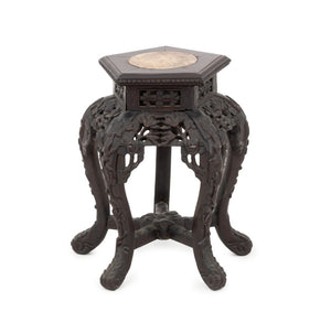 Chinese Marble Inset Carved Wood Pedestal Table
