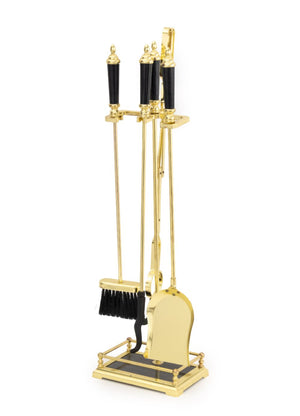 Modern Brass and Black Marble Fireplace Tool Set