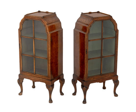 Queen Anne Style Burl Walnut Cabinets, Pair