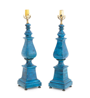 Modern Blue Painted Ceramic Table Lamps, Pair