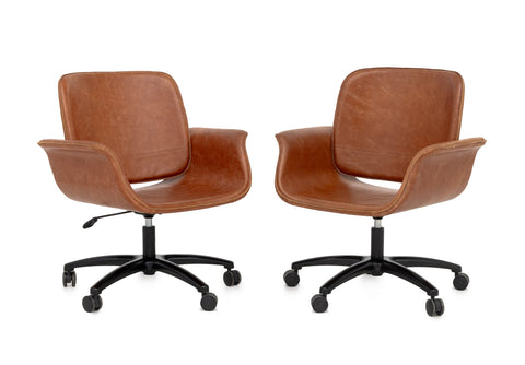 Modern Tan Leather Adjustable Desk Chairs, Pair