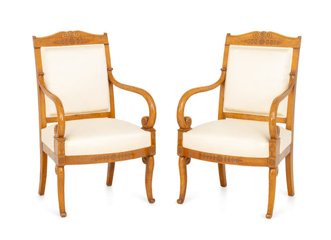 French Empire Style Walnut Armchairs, Pair