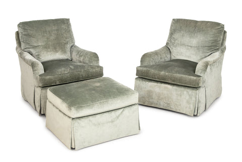 Baker Gray Velvet Upholstered Chairs and Ottoman