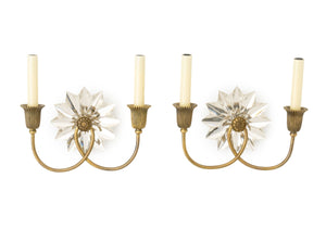 Hollywood Regency Style Crystal and Brass Sconces, Pair