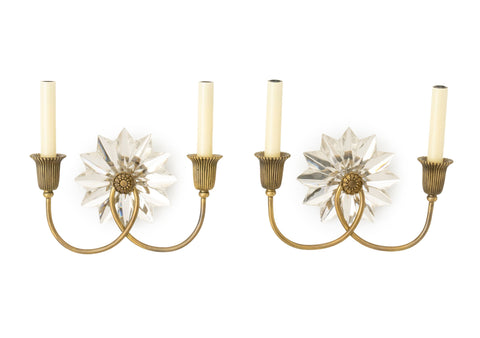 Hollywood Regency Style Crystal and Brass Sconces, Pair