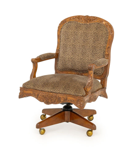 Louis XV Style Leopard Print Walnut Swivel Chair