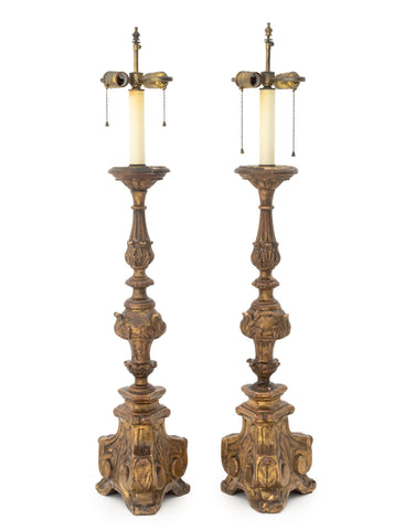 Italian Baroque Revival Giltwood Table Lamps, Pair