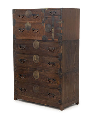 Korean Brass Mounted Three-Part Elm Tansu Chest