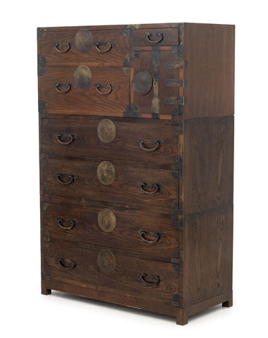 Korean Brass Mounted Three-Part Elm Tansu Chest
