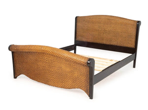 Rattan and Ebonized Wood Queen Sleigh Bed Frame